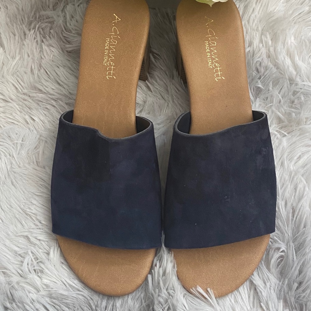 Navy slip on block mules
